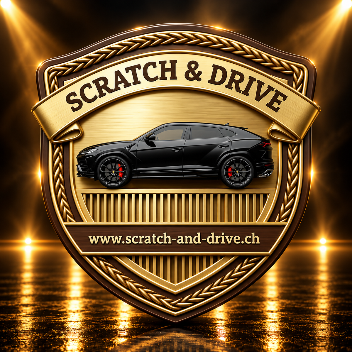 Scratch & Drive Amber Edition – schwarzer Lamborghini Urus auf goldenem Wappen, dunkler Luxus-Studiohintergrund