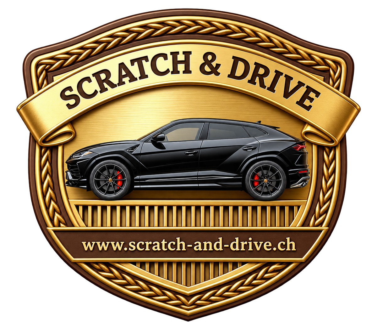 Scratch & Drive Amber Edition – schwarzer Lamborghini Urus auf dekorativem Goldschild