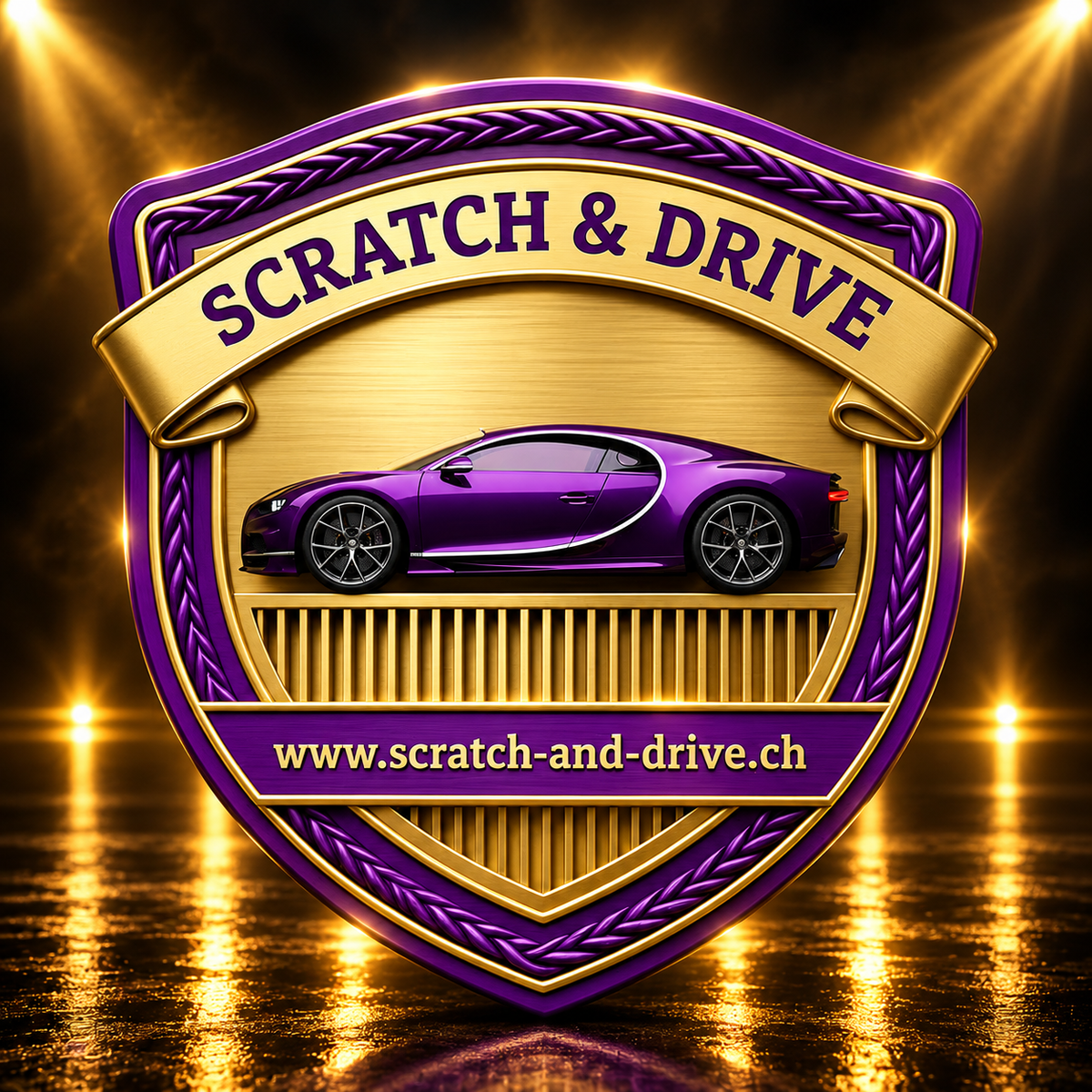 Scratch & Drive Violet Edition – Autoduft-Wappen mit Sportwagenmotiv im Bugatti-Stil