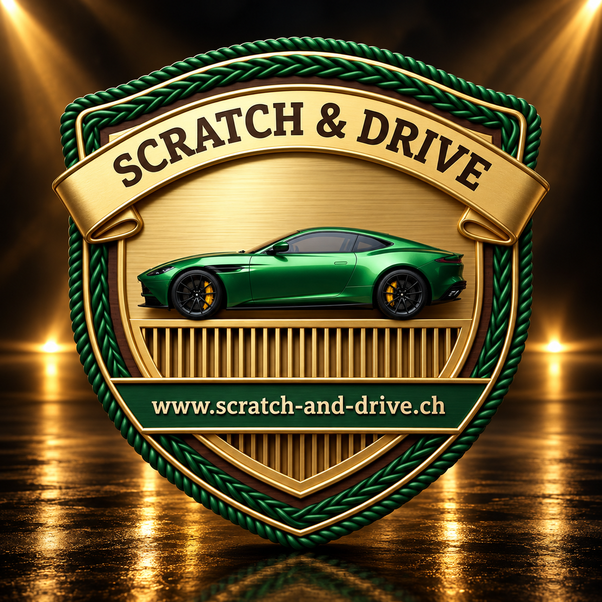 Scratch & Drive Racing Green Edition – Aston-Martin-inspiriertes Autoduft-Wappen in luxuriöser Studioinszenierung