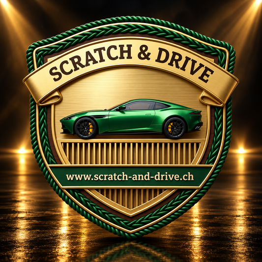 Scratch & Drive Racing Green Edition – Aston-Martin-inspiriertes Autoduft-Wappen in luxuriöser Studioinszenierung