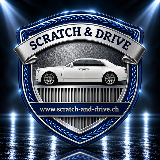 Scratch & Drive Slate Edition – Autoduft-Wappen mit weissem Luxusauto im Rolls-Royce-Stil