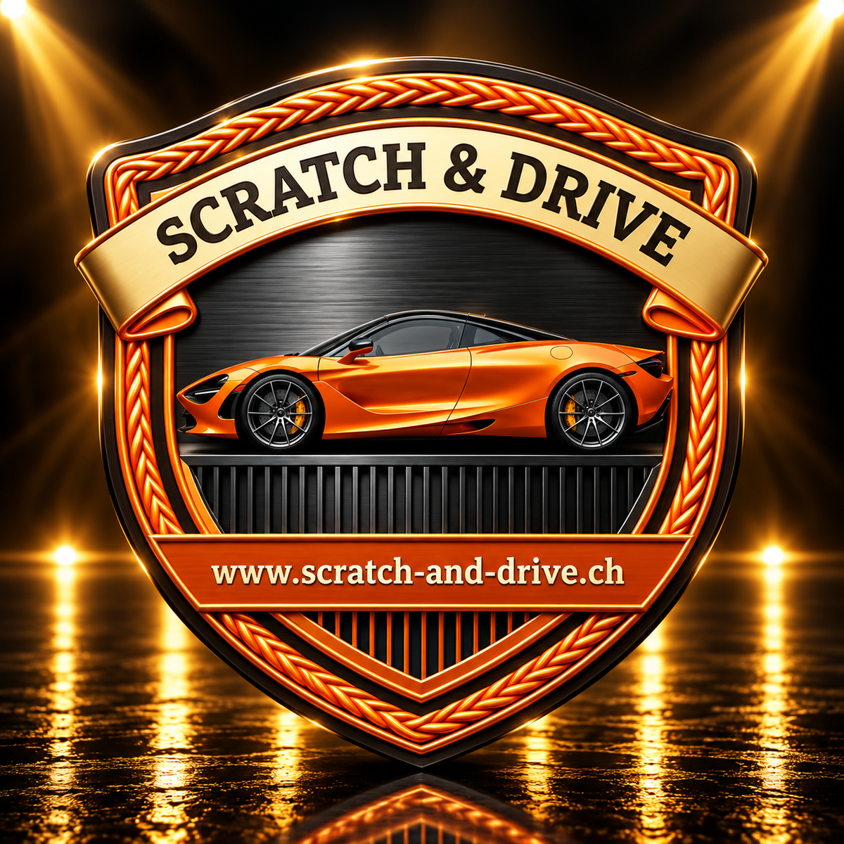 Scratch & Drive Sunset Orange Edition – Autoduft-Wappen mit orangefarbenem McLaren-Sportwagen