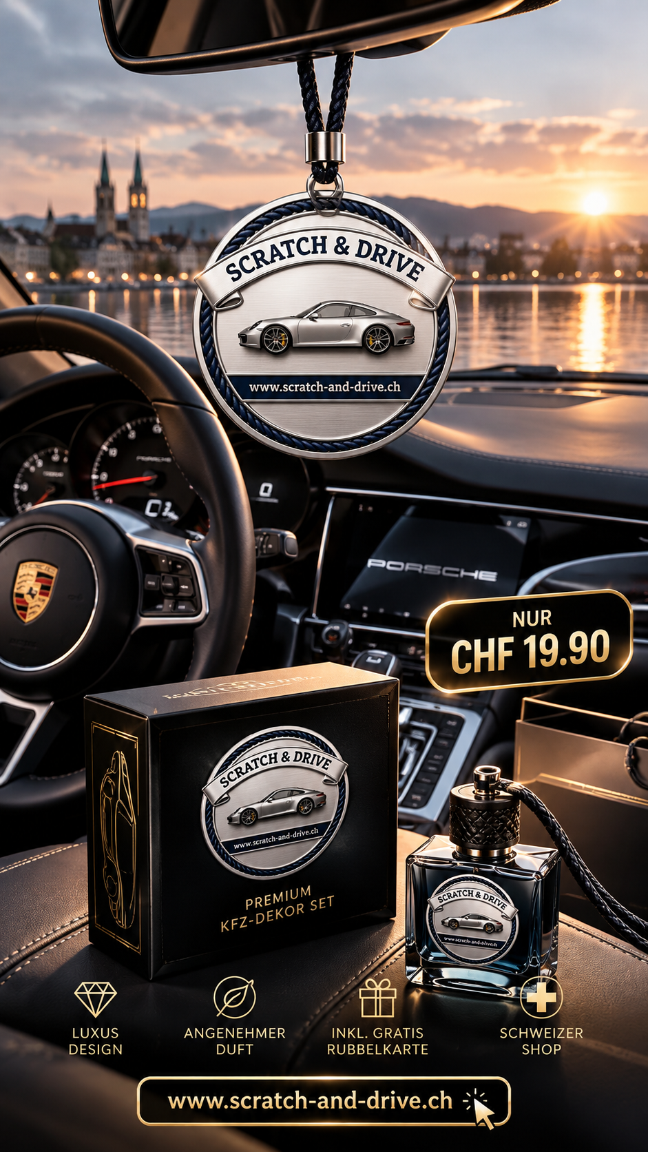 Scratch & Drive Platinum Edition – Autoduft-Set im Porsche-Innenraum bei Sonnenuntergang