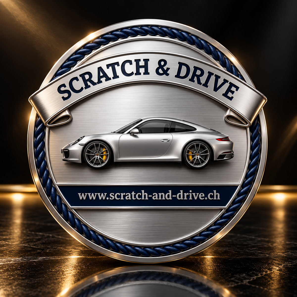 Scratch & Drive Platinum Edition – silbernes Wappen auf schwarzem Luxus-Studiohintergrund